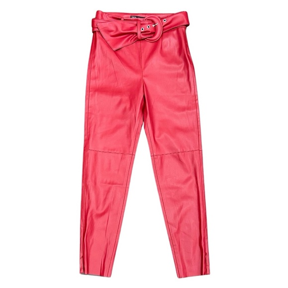 Zara Red Faux Leather High-Waisted Belted Pants | Size M - Picture 1 of 8